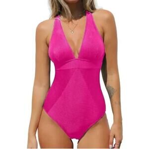 Cupshe Hot Pink Textured V-Neck One-Piece Swimsuit